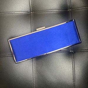 Blue satin clutch purse with removable strap, with tags